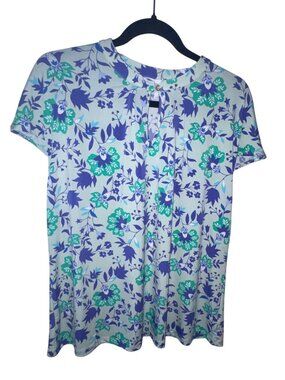 Liz Claiborne Floral Print Blouse XL Keyhole Back Light Green Purple Blue Polyes